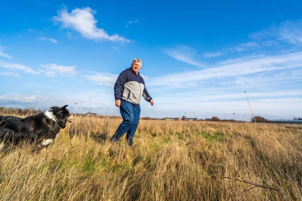 istock Man walking on grassland with border collie 1206331605