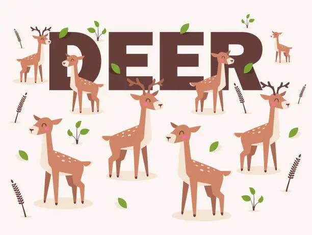 Vector illustration of Deer isolated on white background, vector illustration in flat cartoon style. Cute spotted deer character. Pattern with young reindeer animals, happy and smiling