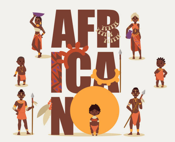 アフリカの先住民族の人々は、白い背景に孤立し、ベクトルイラスト。漫画のスタイルで伝統的な服、男性女性と子供のアフリカの民族的アボリジニ - loin cloth点のイラスト素材／クリップアート素材／マンガ素材／アイコン素材