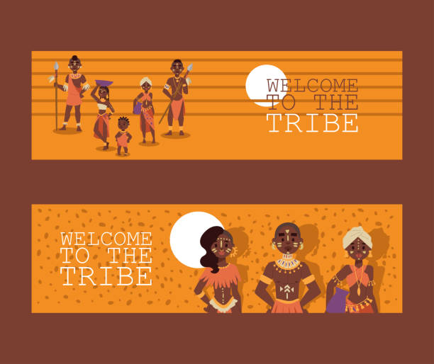 afrykańscy rodowici ludzie plemienia rodzinnego, ilustracja wektorowa. banery do projektowania stron internetowych biura podróży, egzotyczne wycieczki do afryki, nagłówek broszury. etniczne postacie ludowe - loin cloth stock illustrations