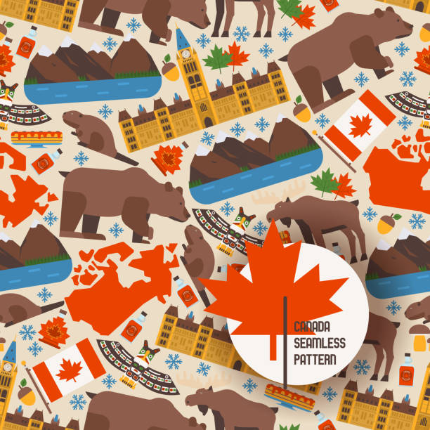 ilustrações de stock, clip art, desenhos animados e ícones de canadian symbols and main landmarks, vector illustration. seamless pattern with flat style icons of canada. natural, architectural and cultural attractions of canada - flag canada canadian flag maple leaf