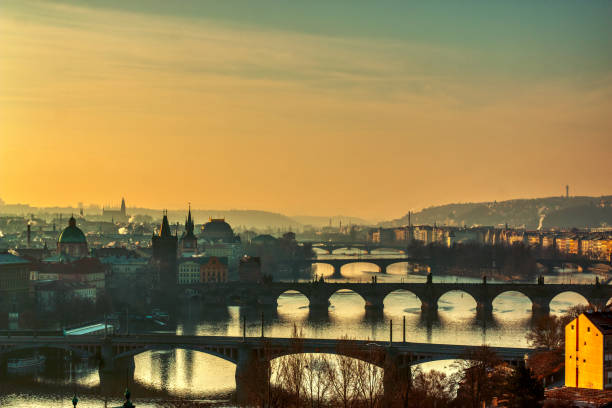 istock Prague bridges panorama during mist morning 1206335771