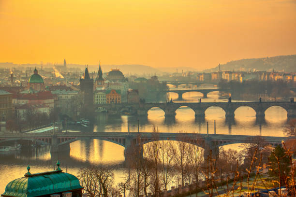 istock Prague bridges panorama during mist morning 1206335802