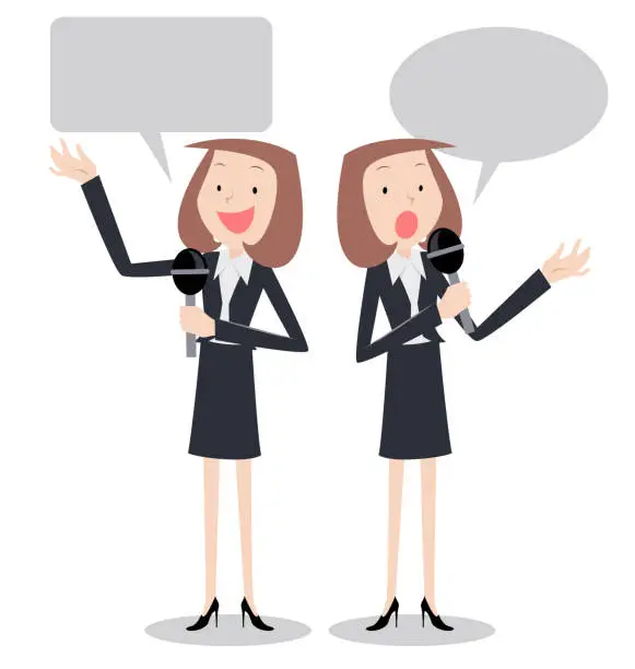 Vector illustration of Modern female reporter talking with microphone, two postures