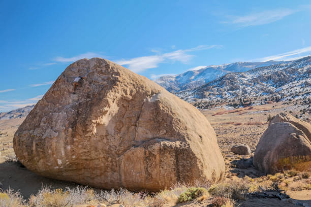 Sunlit boulders cluster in the arid expanse of Joshua Tree National Park, showcasing rugged desert geology and sparse vegetation beneath a clear blue sky.