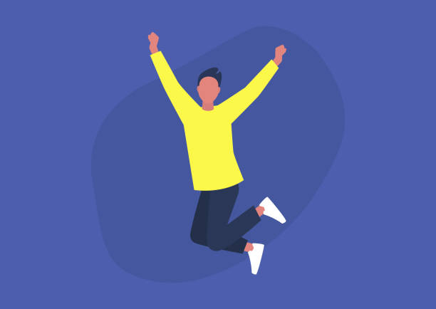 ilustrações de stock, clip art, desenhos animados e ícones de young excited male character jumping and expressing positive emotions, having fun, good vibe - action vitality people cheerful