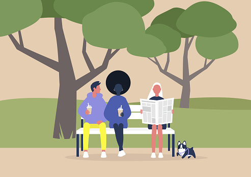 A diverse group of people sitting on a bench in park, summer outdoor leisure, trees and grass