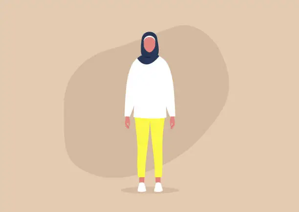 Vector illustration of Young muslim female character wearing a hijab and casual clothes