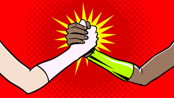 ilustraciones, imágenes clip art, dibujos animados e iconos de stock de vector hembra superhéroe arm-wrestling handshake close-up stock ilustración - female bracelet