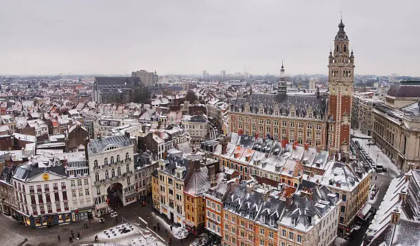 Lille downtown panoramic view in winter, France