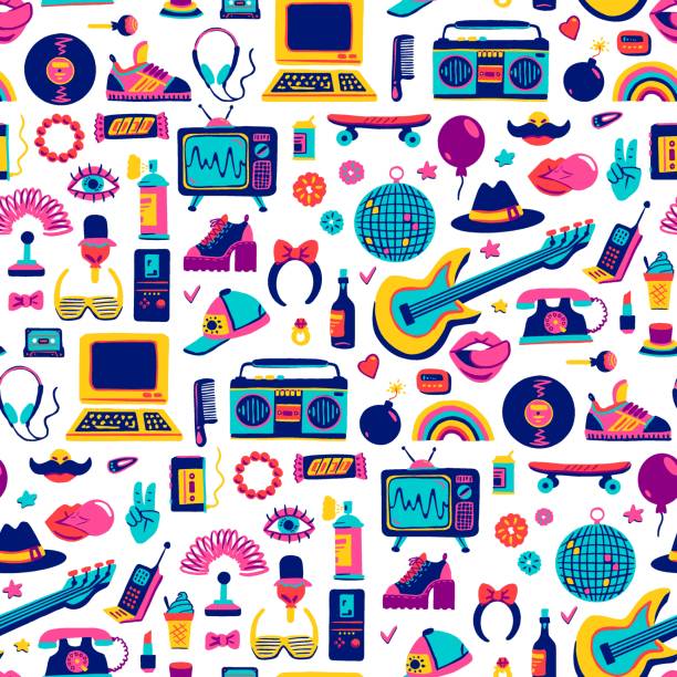 Collection retro icons elements in trendy 80s-90s goods hand-drawn cartoon style. Vector Collection retro icons elements in trendy 80s-90s goods hand-drawn cartoon style. Vector colorful seamless pattern doodle illustration audio cassette illustrations stock illustrations