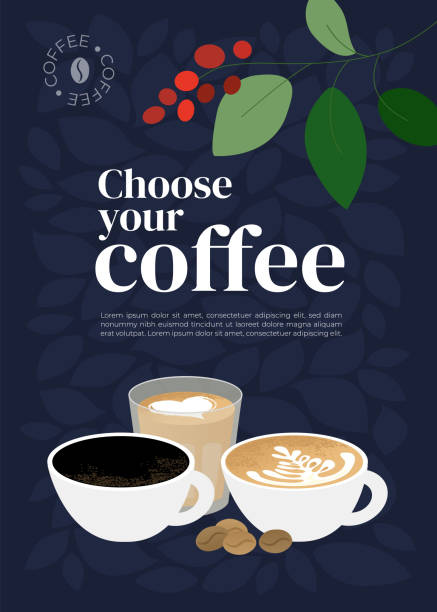 Vector poster with quote Choose your coffee Poster of specialty coffee with cups of cappuccino, espresso, flat white and roasted beans. Vector illustration with quote Choose your coffee. Design for cafe, shop. Background for banner, menu, flyer flat white stock illustrations