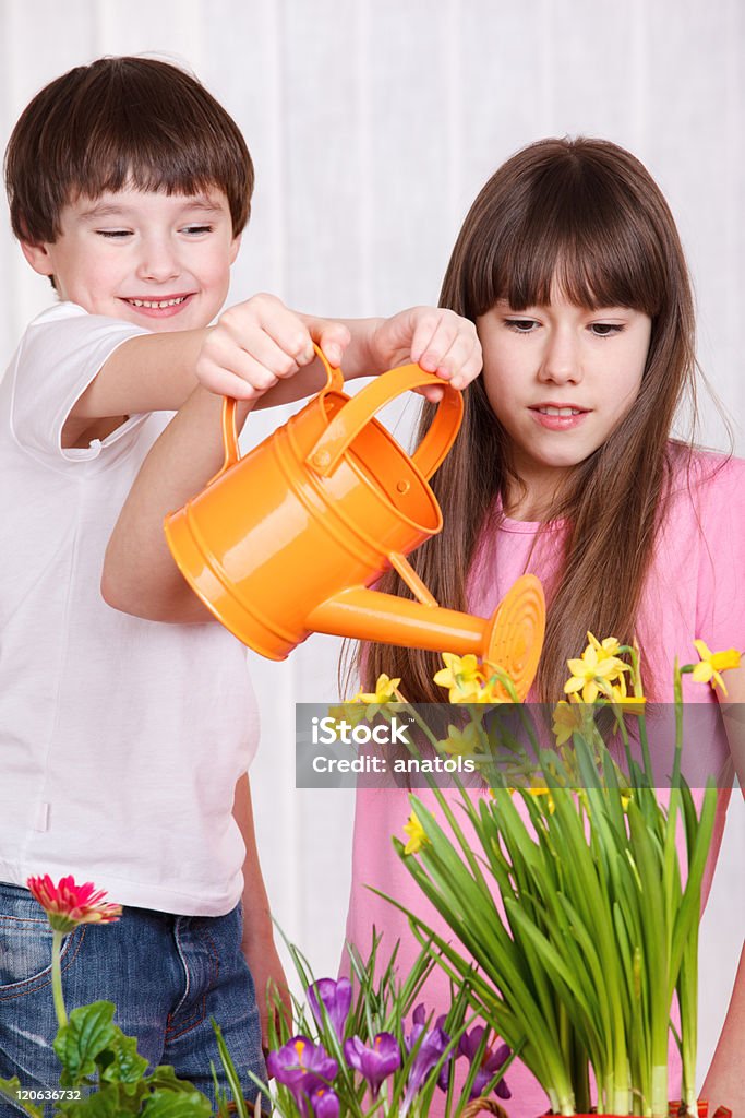 Enfants en train d'arroser des fleurs - Photo de Adolescent libre de droits