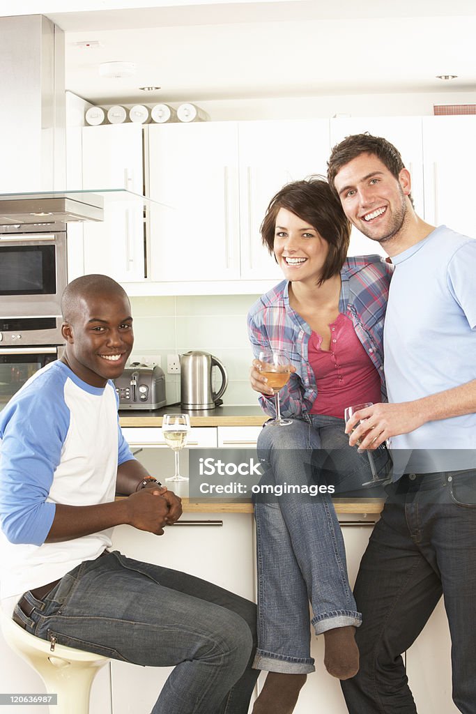 Jóvenes amigos disfrutando de una copa de vino en la cocina - Foto de stock de 20 a 29 años libre de derechos