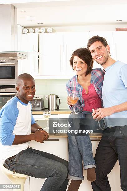 Foto de Jovens Amigos Desfrutando De Um Copo De Vinho Na Cozinha e mais fotos de stock de 20 Anos