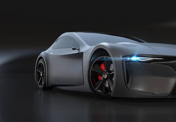 Metallic black electric powered sports coupe on black background with copy space. 3D rendering image.