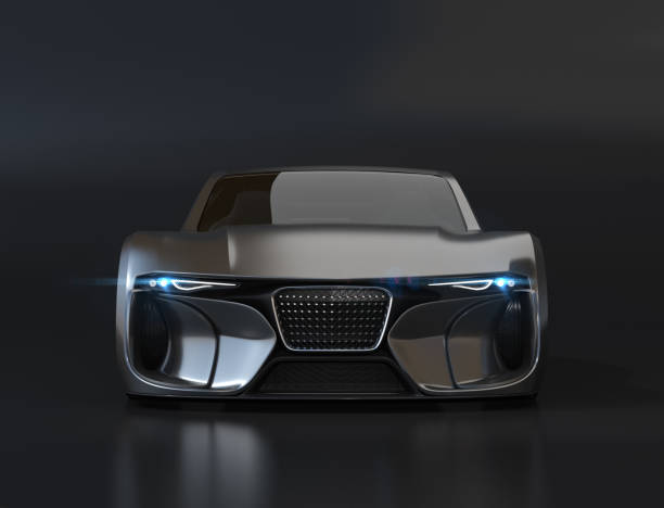 istock Metallic black electric powered sports coupe on black background with copy space 1206371991