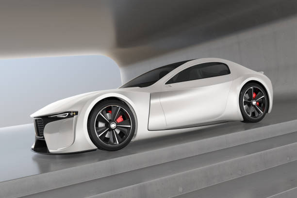 istock Silver electric sports coupe parking in a modern space 1206372013