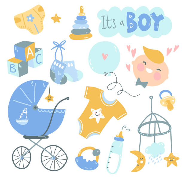 It's a boy doodle set. Blue and yellow baby care, feeding, clothing, toys, health care stuff, accessories. It's a boy doodle set. Blue and yellow baby care, feeding, clothing, toys, health care stuff, accessories. Vector drawings isolated group of babies stock illustrations