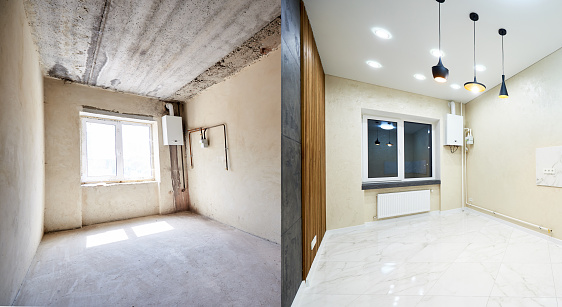 Comparison snapshot of a big beautiful room in a private house before and after reconstruction, empty grey walls vs renovated light tiled room