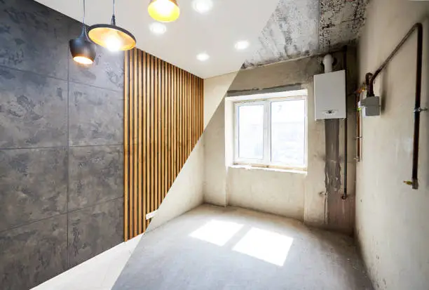 New kitchen before renovation works and after, creative combination of black wallpaper and wood planks on wall, shiny tiles on the floor and different modern chandeliers hanging from ceiling