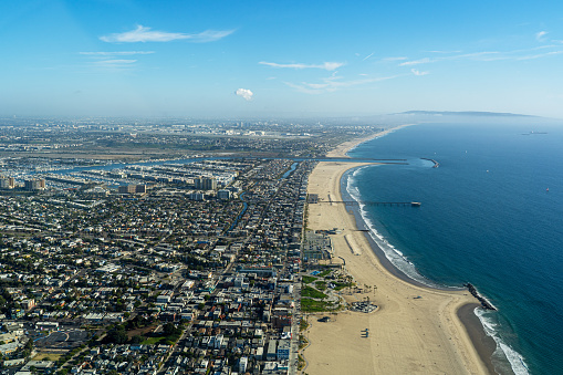 Aerial view above Santa Monica and Venice Beach, CA looking south west at the southern part of Santa Monica Bay including Marina Del Rey, El Segundo and LAX