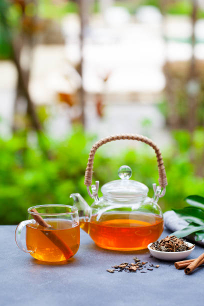 istock Tea in glass cup and teapot on summer outdoor background. Copy space. 1206376335