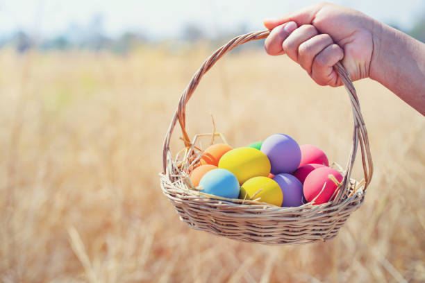istock easter painted eggs in basket hand holding over meadow 1206376630