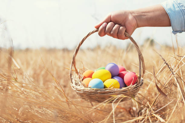 istock easter painted eggs in basket hand holding over meadow 1206376635