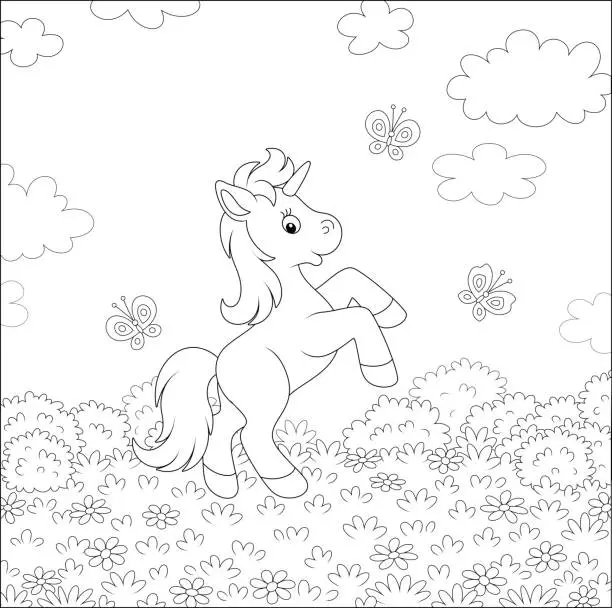 Vector illustration of Little cheerful unicorn on a flower field