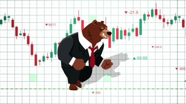 Сartoon bear market financial animation. Stock market trading background concept
