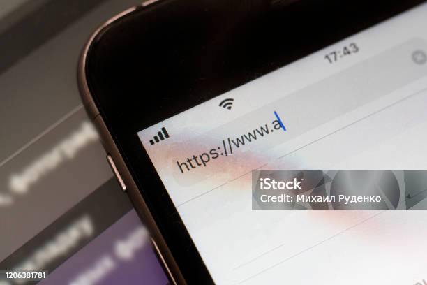 Macro View Of The Search Tab On Device Screen With Pixels Http Browser Network Stock Photo - Download Image Now