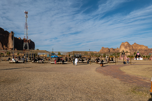 Al Ula January 2, 2020. Tourists gather at winter park during The Winter at Tantora Festival. The annual festival is held in the old town of Al-Ula in the Al Madinah region, located in northwestern Saudi Arabia. The festival began in December 2018 with a series of weekend concerts with world-class musicians. The festival also includes historical, heritage and cultural sites.