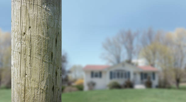 istock close up of solid round antenna eletrical wire wood pole in a blurry suburban setting. Clean empty to post bills 1206382907