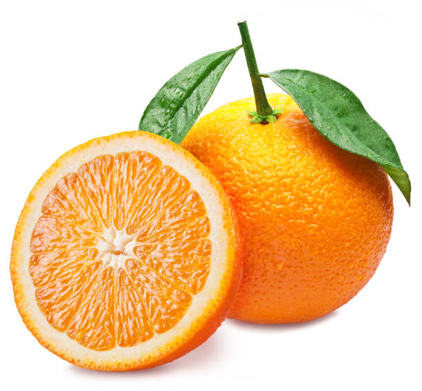 istock Orange fruit with orange slice and leaves isolated on white background. 1206383875