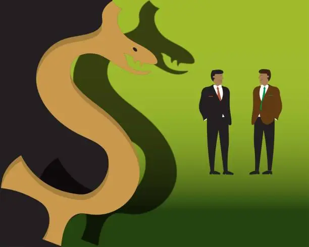 Vector illustration of A serpent in the shape of a dollar sign is about to bite two investors