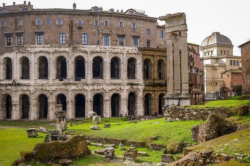 Rome, Italy, January 29 -- A view of the archaeological area of the Teatro di Marcello (Theatre of Marcellus), between the Jewish Ghetto and the Campidoglio (the Roman Capitol Hill). In the background, the facade of the Teatro di Marcello. Image in HD format