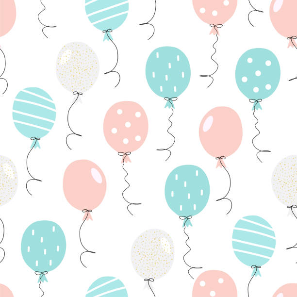 かわいい青とピンクのパーティーの気球との手描きシームレスなパターン。誕生日のためのсolorful落書きベクトルイラスト、ベビールーム、グリーティングカード、招待状、壁紙、包装紙。 - 誕生日 イラスト点のイラスト素材／クリップアート素材／マンガ素材／アイコン素材