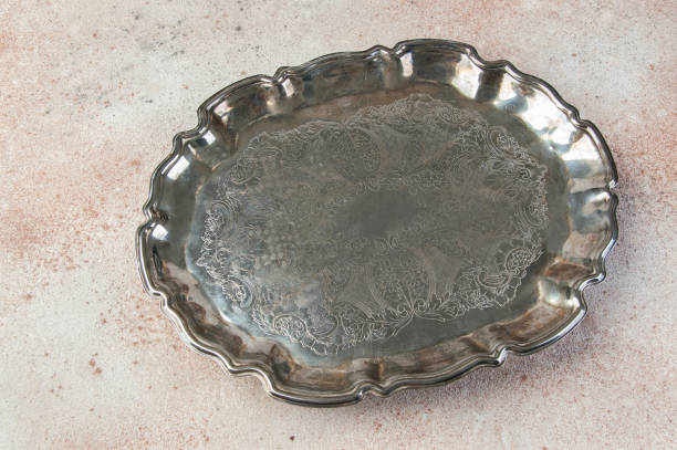 istock Vintage metal tray on concrete background. 1206389536