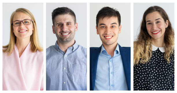 Collage of cheerful confident managers looking at camera. Multiscreen montage, split screen collage. Office employees concept