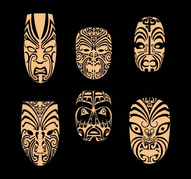 ilustraciones, imágenes clip art, dibujos animados e iconos de stock de tatuaje de la máscara maorí. conjunto de la cara de nueva zelanda - ceremonial dancing illustrations