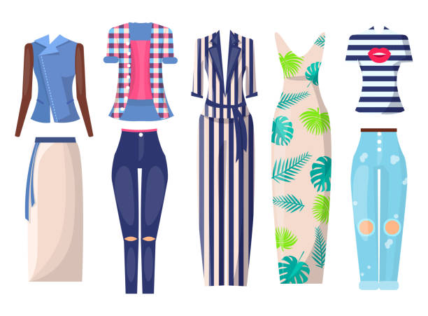 Summer Mode Set of Items, Vector Illustration Summer mode set of items, jacket and long skirt, shirt and pants, summer mode and dress with print, t-shirt and jeans, isolated on vector illustration hole in pants stock illustrations