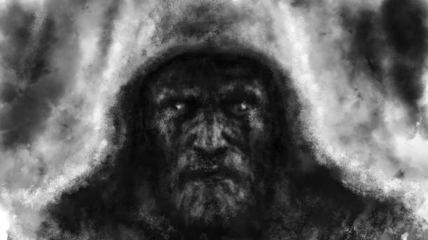 The frightening face of a man in hood. The frightening face of a man in hood. Black and white illustration in horror fantasy genre with coal and noise effect. exorcism stock illustrations