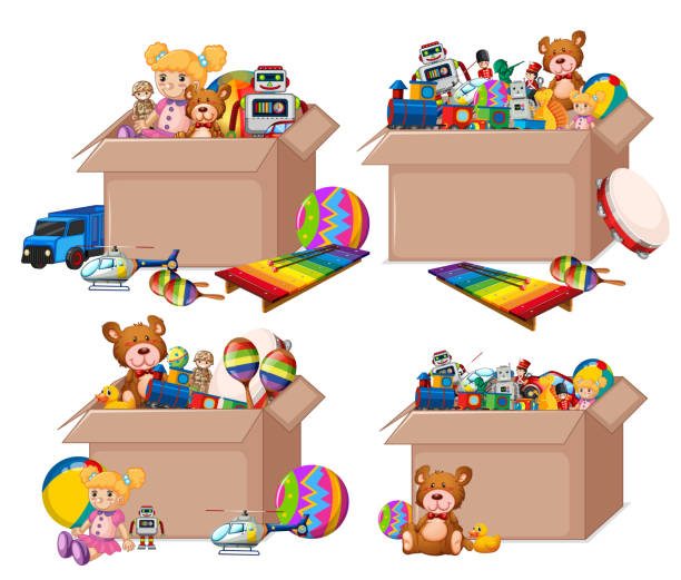 istock Set of boxes full of toys on white background 1206394993