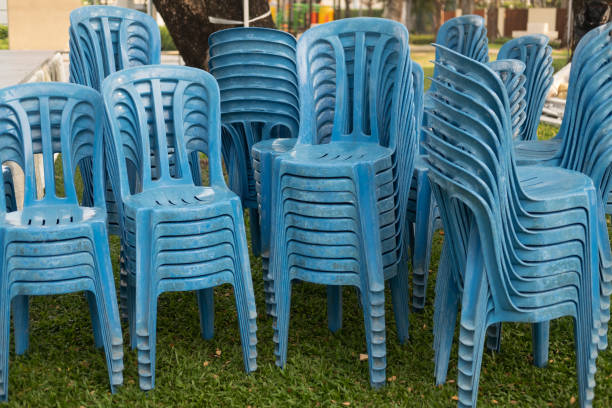 istock Stack of blue plastic chair prepare for the event 1206396355