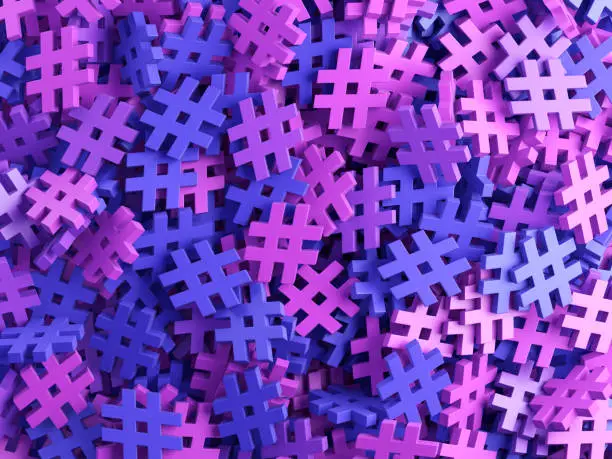 Many blue and purple hashtag symbols. 3d illustration.