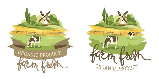 Logotype for farm product Vector illustration, fields and meadows with cow and mill fiels stock illustrations