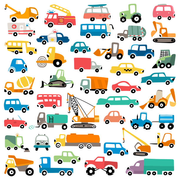 Cartoon cars vector illustration set Cute funny cars for kids vector set construction vehicle stock illustrations