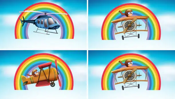 Vector illustration of Four scenes with airplane flying in the sky