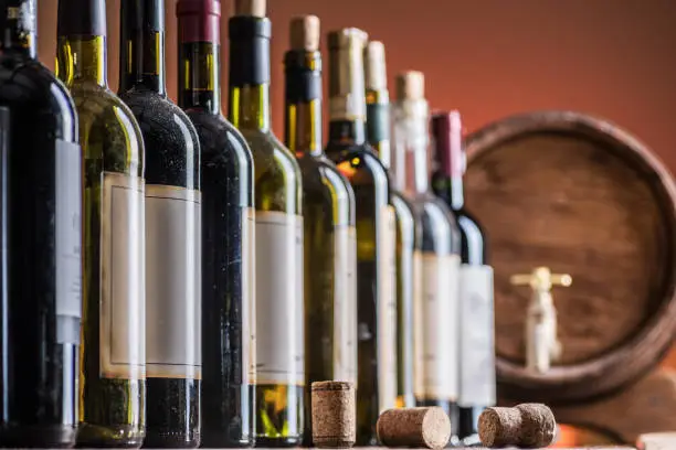 Photo of Wine bottles in row and oak wine keg.